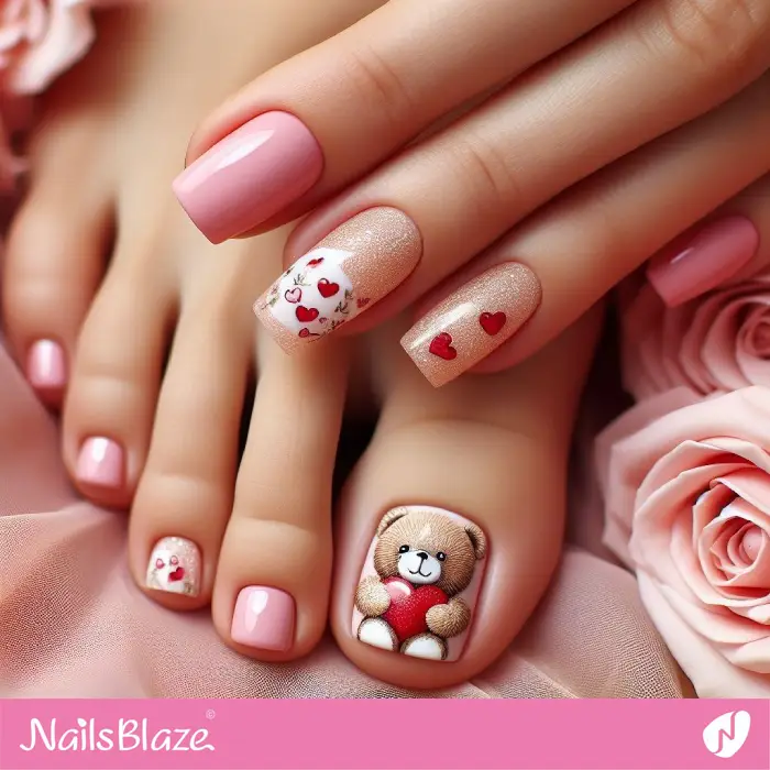 Teddy Bear Mani and Pedi Valentine Design | Valentine Nails - NB2424